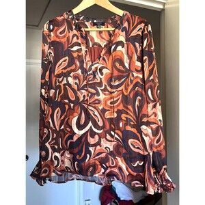 Haver London Retro Swirl Tie Neck Long Sleeve Blouse Size XL Gathered Cuffs